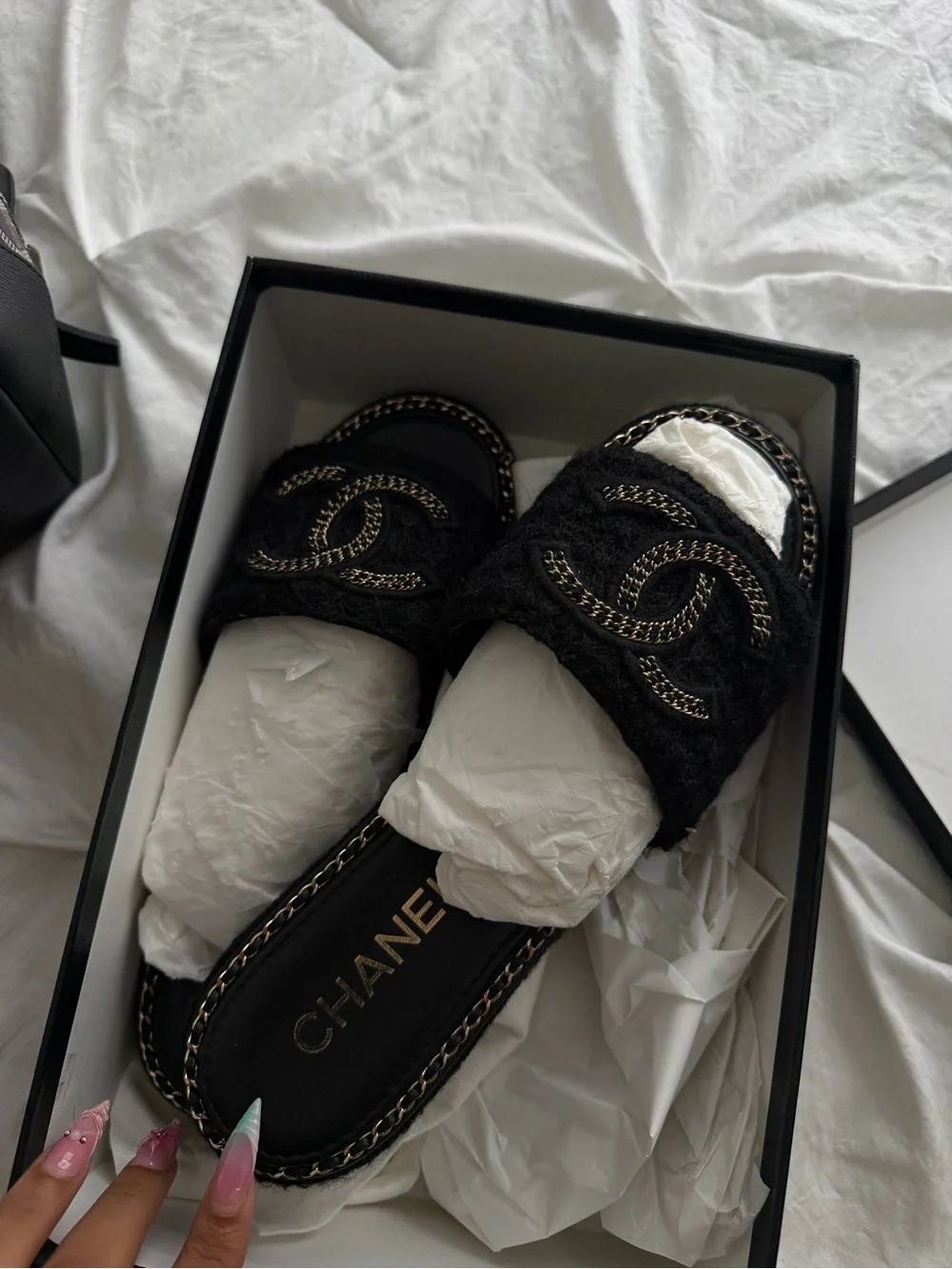CHANEL Black Faux-Fur Slide Mules with Gold Chain CC